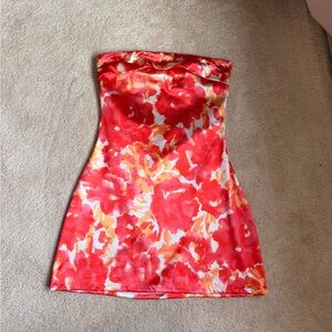 Floral Red & Orange Satin Strapless Dress